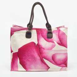 Pre Owned Longchamp Pink/White Floral Print Canvas and Leather Shopper Tote