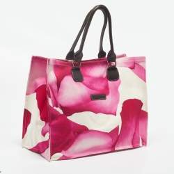 Pre Owned Longchamp Pink/White Floral Print Canvas and Leather Shopper Tote