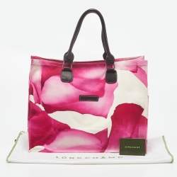 Pre Owned Longchamp Pink/White Floral Print Canvas and Leather Shopper Tote