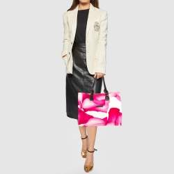 Pre Owned Longchamp Pink/White Floral Print Canvas and Leather Shopper Tote