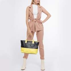 Pre Owned Longchamp Yellow/Black Leather Expandable Tote
