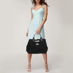 Pre Owned Longchamp Black/Grey Fabric and Leather Roseau Sweat Reversible Tote