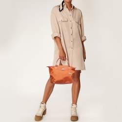 Pre Owned Longchamp Orange Nylon and Leather Le Pliage Tote