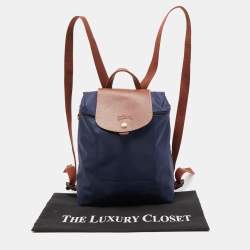 Pre Owned Longchamp Navy Blue/Brown Nylon and Leather Le Pliage Backpack