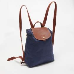 Pre Owned Longchamp Navy Blue/Brown Nylon and Leather Le Pliage Backpack