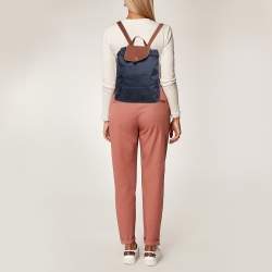 Pre Owned Longchamp Navy Blue/Brown Nylon and Leather Le Pliage Backpack