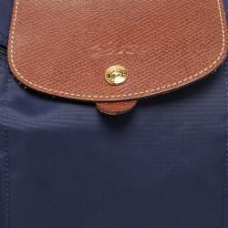 Pre Owned Longchamp Navy Blue/Brown Nylon and Leather Le Pliage Backpack