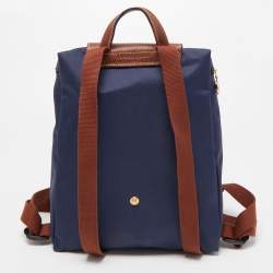 Pre Owned Longchamp Navy Blue/Brown Nylon and Leather Le Pliage Backpack