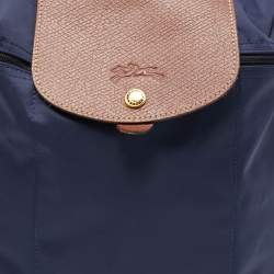 Pre Owned Longchamp Navy Blue/Brown Nylon and Leather Le Pliage Backpack