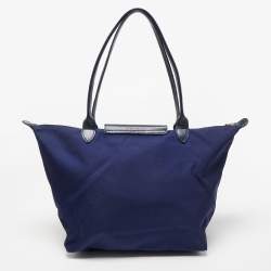 Pre Owned Longchamp Dark Blue Nylon and Leather Medium Le Pliage Tote