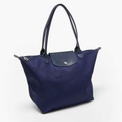 Pre Owned Longchamp Dark Blue Nylon and Leather Medium Le Pliage Tote