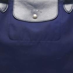 Pre Owned Longchamp Dark Blue Nylon and Leather Medium Le Pliage Tote