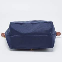 Pre Owned Longchamp Navy Blue/Brown Nylon and Leather Small Le Pliage Tote
