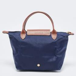 Pre Owned Longchamp Navy Blue/Brown Nylon and Leather Small Le Pliage Tote