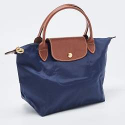 Pre Owned Longchamp Navy Blue/Brown Nylon and Leather Small Le Pliage Tote