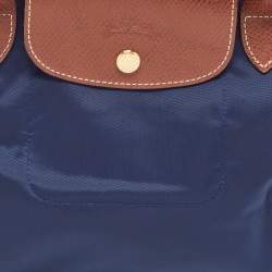 Pre Owned Longchamp Navy Blue/Brown Nylon and Leather Small Le Pliage Tote