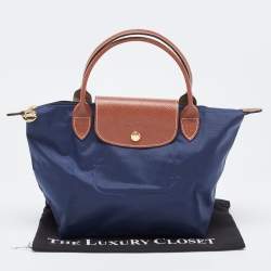 Pre Owned Longchamp Navy Blue/Brown Nylon and Leather Small Le Pliage Tote