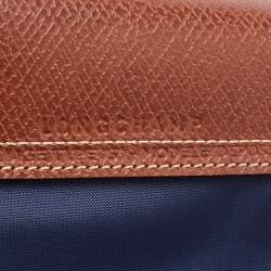 Pre Owned Longchamp Navy Blue/Brown Nylon and Leather Small Le Pliage Tote