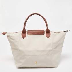 Pre Owned Longchamp Cream/Brown Nylon and Leather Le Pliage Tote