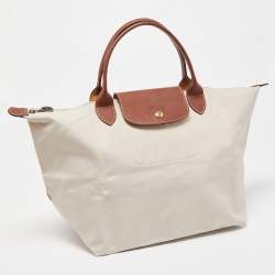 Pre Owned Longchamp Cream/Brown Nylon and Leather Le Pliage Tote