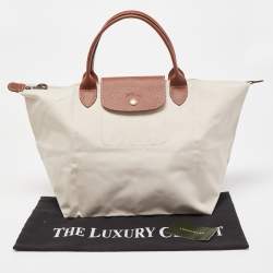 Pre Owned Longchamp Cream/Brown Nylon and Leather Le Pliage Tote
