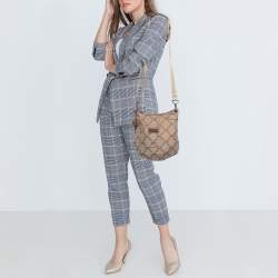 Pre Owned Longchamp Brown/Beige Quilted Print Canvas and Leather Crossbody Bag