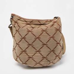 Pre Owned Longchamp Brown/Beige Quilted Print Canvas and Leather Crossbody Bag