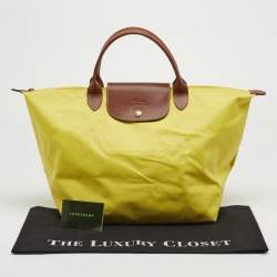 Pre Owned Longchamp Brown/Yellow Nylon Medium Le Pliage Tote