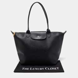 Longchamp Black Leather Medium Le Pliage Tote