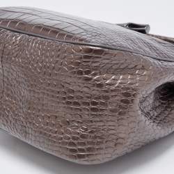 Pre Owned Longchamp Brown Glaze Croc Embossed Leather Roseau Tote