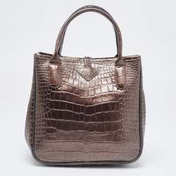 Pre Owned Longchamp Brown Glaze Croc Embossed Leather Roseau Tote