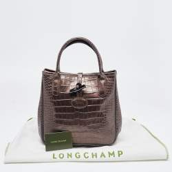 Pre Owned Longchamp Brown Glaze Croc Embossed Leather Roseau Tote