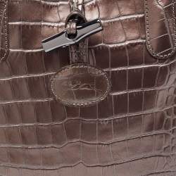 Pre Owned Longchamp Brown Glaze Croc Embossed Leather Roseau Tote