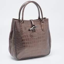 Pre Owned Longchamp Brown Glaze Croc Embossed Leather Roseau Tote