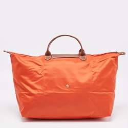 Pre Owned Longchamp Orange Nylon Le Pliage Travel Tote