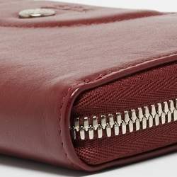 Pre Owned Longchamp Dark Red Cuir Leather Le Pliage Zip Around Wallet