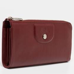 Pre Owned Longchamp Dark Red Cuir Leather Le Pliage Zip Around Wallet