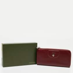 Pre Owned Longchamp Dark Red Cuir Leather Le Pliage Zip Around Wallet