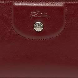 Pre Owned Longchamp Dark Red Cuir Leather Le Pliage Zip Around Wallet