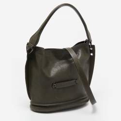 Pre Owned Longchamp Olive Green Leather 3D Bucket Bag