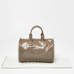 Pre Owned Longchamp Grey Printed Patent Leather Boston Satchel