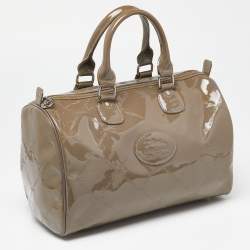 Pre Owned Longchamp Grey Printed Patent Leather Boston Satchel