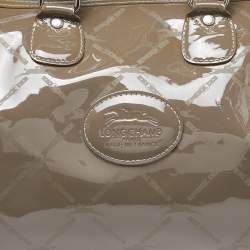 Pre Owned Longchamp Grey Printed Patent Leather Boston Satchel