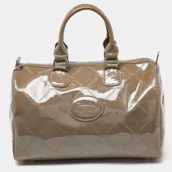 Pre Owned Longchamp Grey Printed Patent Leather Boston Satchel