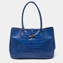 Longchamp Blue Croc Embossed Leather Roseau Tote