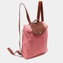 Pre Owned Longchamp Pink/Brown Nylon and Leather Le Pliage Backpack