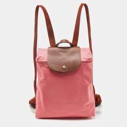 Longchamp Pink/Brown Nylon and Leather Le Pliage Backpack