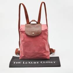 Pre Owned Longchamp Pink/Brown Nylon and Leather Le Pliage Backpack