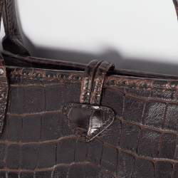 Pre Owned Longchamp Dark Brown Croc Embossed Leather Roseau Tote
