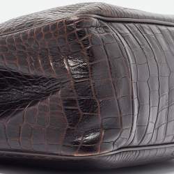 Pre Owned Longchamp Dark Brown Croc Embossed Leather Roseau Tote